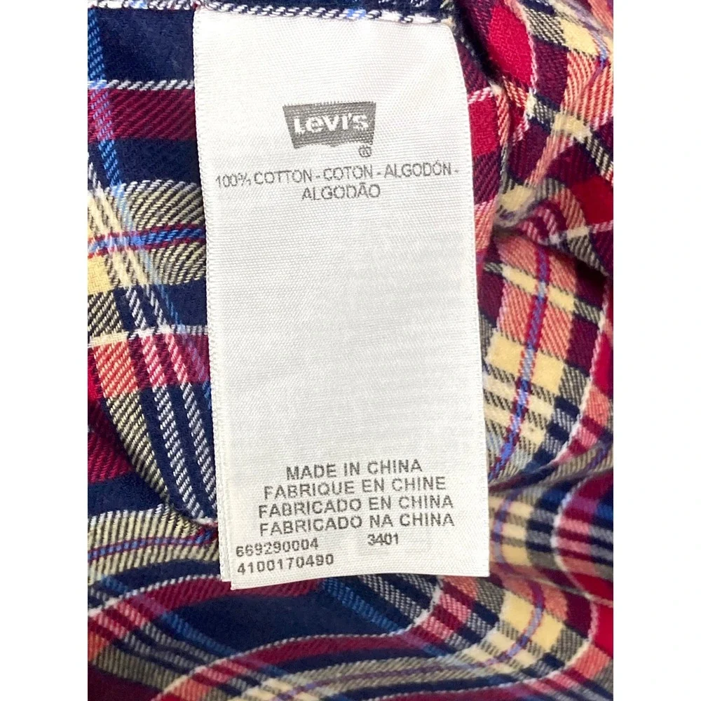 Levis Plaid Flannel Western Snap Button Shirt Mens XL Red Blue Modern Fit Cowboy